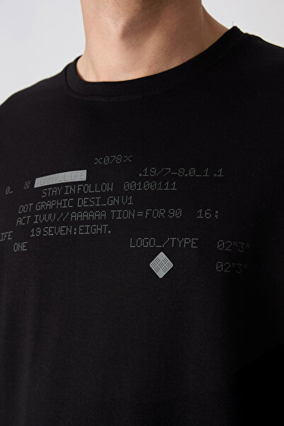 TOMMY LIFE Μαύρο βαμβακερό ανδρικό μπλουζάκι με χοντρή μαλακή υφή Oversize Fit Printed - 88326