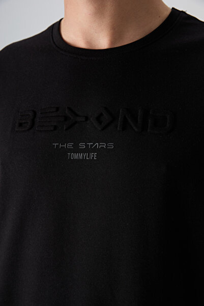 TOMMY LIFE Μαύρο βαμβακερό ανδρικό μπλουζάκι με χοντρή μαλακή υφή Oversize Fit Printed - 88328