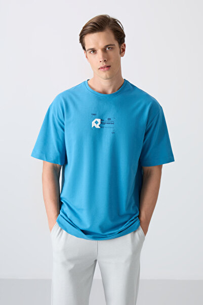 TOMMY LIFE تي شيرت رجالي من القطن الأزرق البترولي السميك الناعم المطبوع مقاس ...