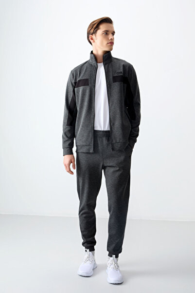 AIR JONES Anthracite Melange Surface Textured Standard Fit Embroidered Men's Tracksuit Set - 85248