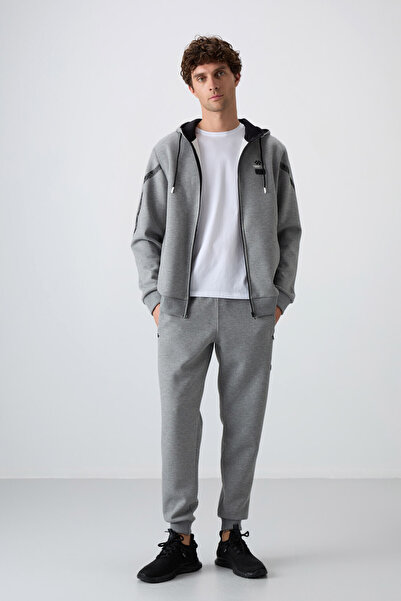 TOMMY LIFE Γκρι μελανζέ βαμβακερή χοντρή απαλή υφή Comfort Fit εμπριμέ ανδρική φόρμα - 85236