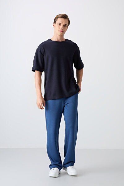 TOMMY LIFE Ανδρικό μπλουζάκι Navy Blue Cotton Thick Surface Texture Oversize Fit Basic - 88339