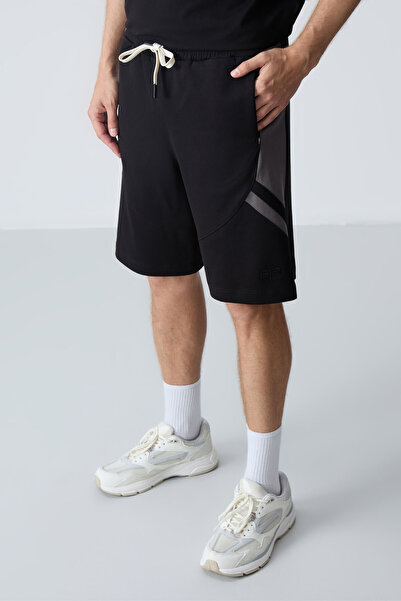 AIR JONES Vastag, puha textúrájú fekete pamut férfi rövidnadrág - Basic Standard Fit 81281