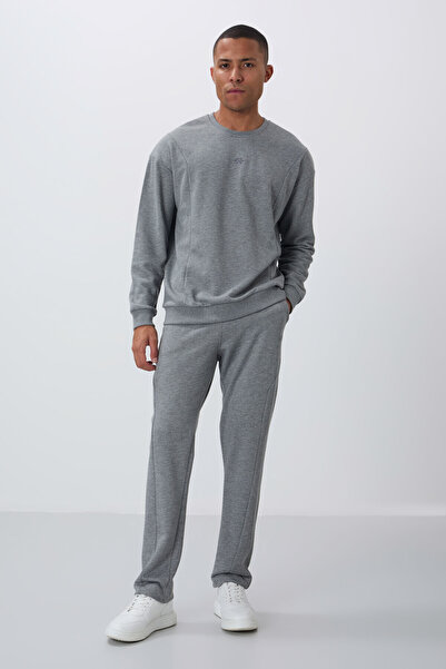 TOMMY LIFE Gray Melange Compact Cotton Thick Smooth Textured O Neck Comfort Fit Men's Tracksuit Set -85263