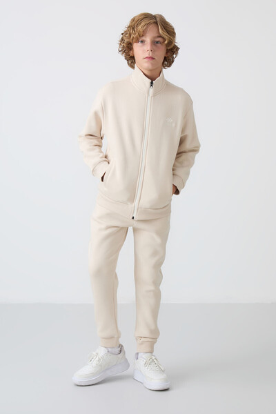 TOMMY LIFE Μπεζ βαμβακερό κοστούμι αθλητικής φόρμας για αγόρια με χοντρό υφάσματα με μαλακή υφή και κέντημα - 11256