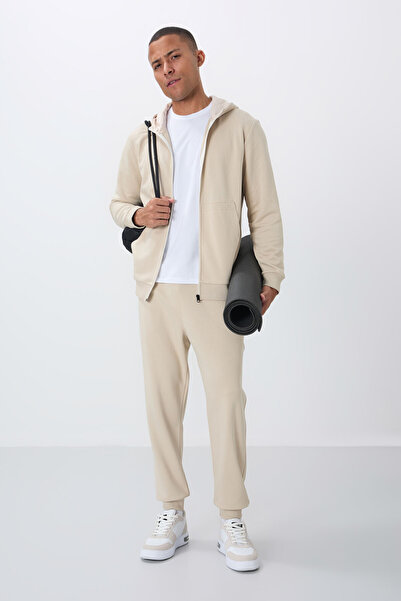 TOMMY LIFE Beige Compact Cotton Thick Smooth Textured Hooded Comfort Fit Men's Tracksuit Set - 85262