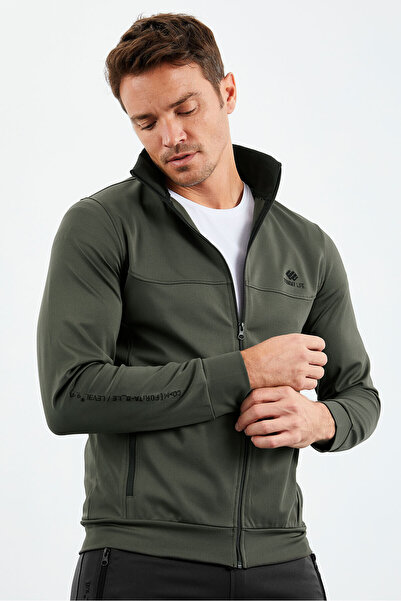 TOMMY LIFE Khaki-Black Stand Collar Zip-Up Men's Tracksuit Suit with Standard Fit Cuff - 85160