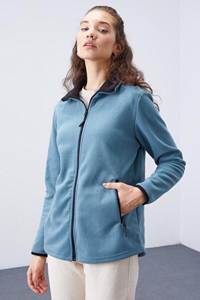 TOMMY LIFE Mint Green Stand Collar Zippered Comfortable Form Women's Fleece Sweatshirt - 97173