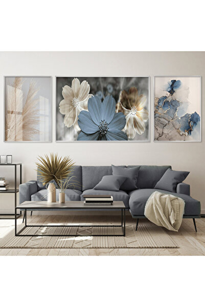 KOLAJTASARIM Doğal Estetik; Pastel Tonlu Çiçek Üçlü Metal Çerçeveli Tablo Seti