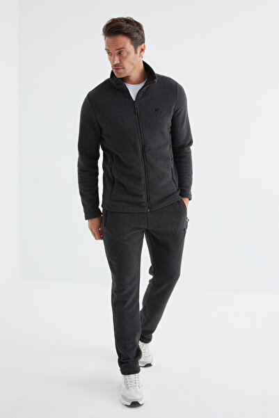 TOMMY LIFE Ανδρικό σετ αθλητικής φόρμας από φλις Anthracite Melange με όρθιο γιακά, βασικό φερμουάρ, τσέπες και κανονική εφαρμογή - 85193