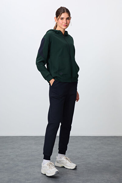 TOMMY LIFE Γυναικείο σετ αθλητικής φόρμας με χοντρή κουκούλα από βαμβακερό πράσινο-μπλε χρώμα - 95343
