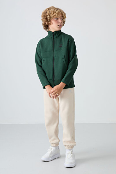 TOMMY LIFE Chlapecká mikina z borovicové zelené bavlny se silným vnitřním vlasem, měkká textura, standardní střih, vyšívaná - 11245