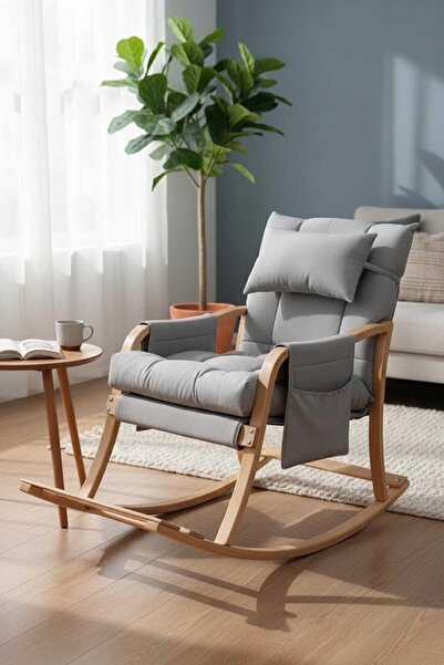 Reyo Home Aspendos Naturel Ahşap Sallanan Sandalye, Tv Koltuğu, Emzirme Sandalyesi Minderli