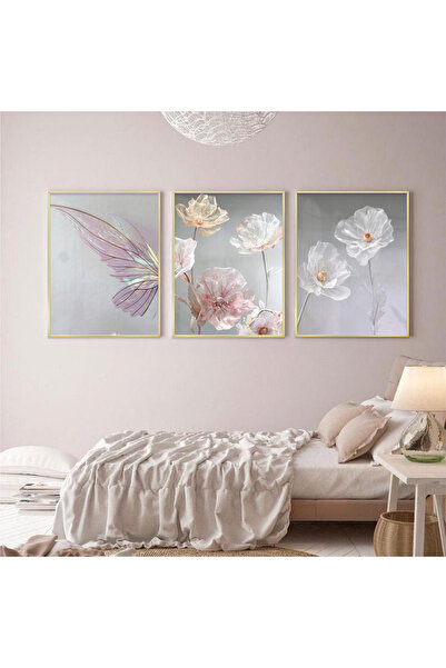 KOLAJTASARIM Pastel Bahar Rüyası: Kelebek Ve Çiçek Zarafeti Metal Çerçeveli Tablo Seti