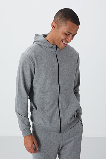 TOMMY LIFE Men's Compact Gray Melange Cotton Tracksuit Set - Thick Smooth, Hooded, Comfort Fit - 85262