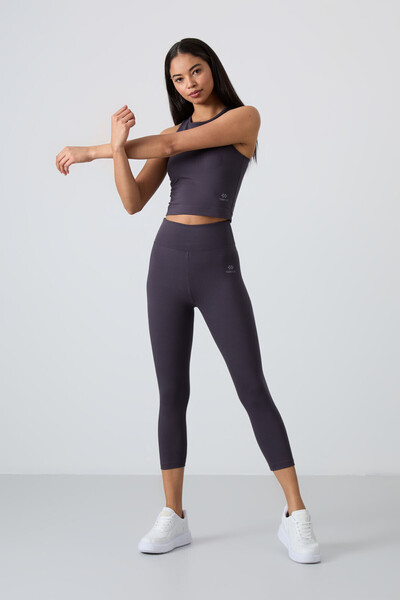 TOMMY LIFE Antrasit Yüksek Bel Kapri-Crop Atlet Slim Fit Kadın Tayt Takım - 9...