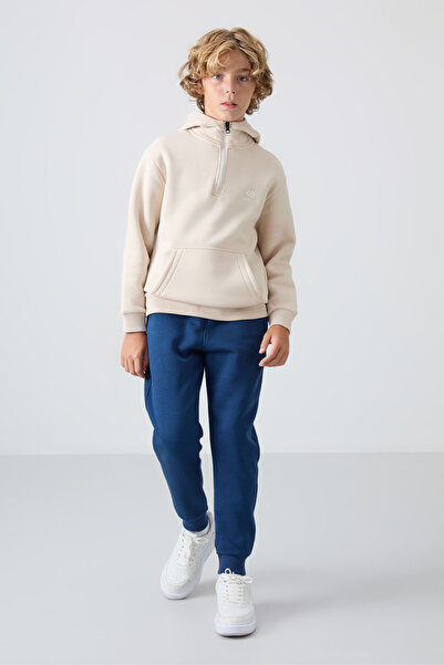 TOMMY LIFE Chlapecká vyšívaná béžová mikina – uvnitř tlustá chlupatá, měkká textura – 11244