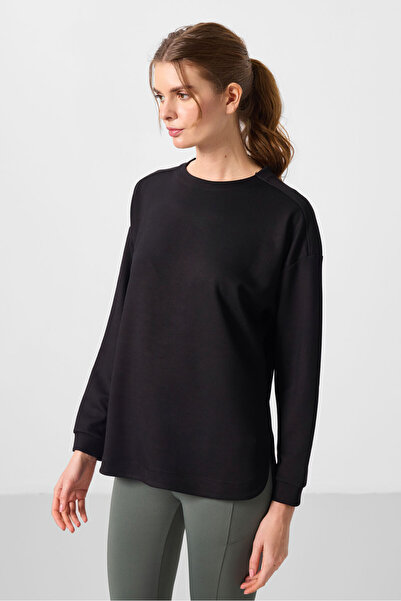 TOMMY LIFE Black Soft Textured O Neck Comfortable Form Women's Tunic Sweatshirt - 97305