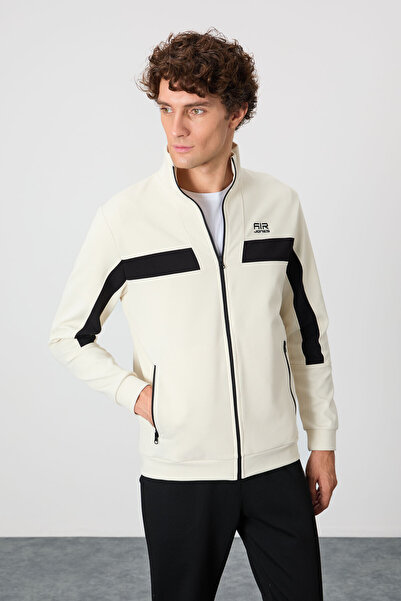 AIR JONES Beige-Black Textured Surface Standard Fit Embroidered Men's Tracksuit Suit - 85248