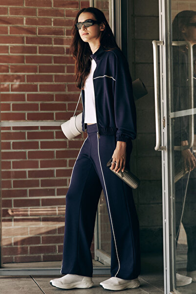 TOMMY LIFE Koyu Mor Yumuşak Dokulu Dik Yaka Oversize Lastikli Kadın Eşofman Takım - 95349