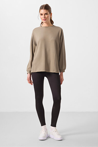 TOMMY LIFE Dark Beige Soft Textured O Neck Oversize Women's Tunic Sweatshirt - 97303