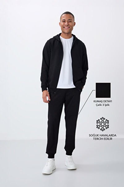 TOMMY LIFE Thick Smooth Textured Cotton Hooded Men's Tracksuit Set - Black 85262