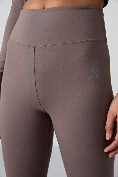 TOMMY LIFE High Waist Long Sleeve Brown Slim Fit Crop Top and Leggings Set - 95286