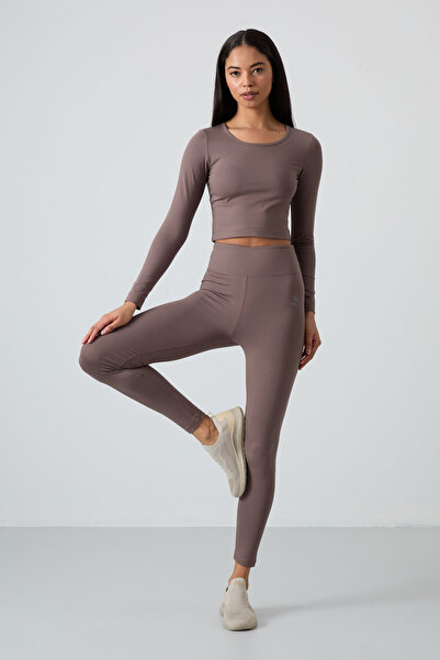 TOMMY LIFE High Waist Long Sleeve Brown Slim Fit Crop Top and Leggings Set - 95286