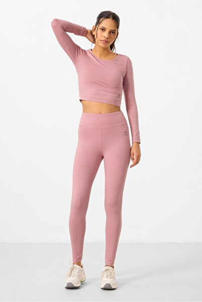 TOMMY LIFE Dusty Rose High Waist Long Sleeve Slim Fit Crop Top Women's Tights Set - 95286