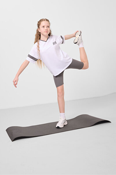 TOMMY LIFE Beyaz-Koy u Gri V Yaka Kemer Detaylı Standart Fit Performans Kız Ç...