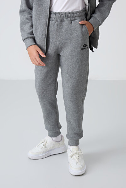 TOMMY LIFE Gray Melange Cotton Thick Fleece Lined Standard Fit Embroidered Boys' Tracksuit Set - 11256