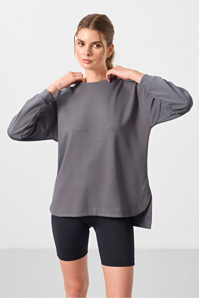 TOMMY LIFE Dark Gray Soft Textured O Neck Comfortable Form Women's Tunic Sweatshirt - 97305