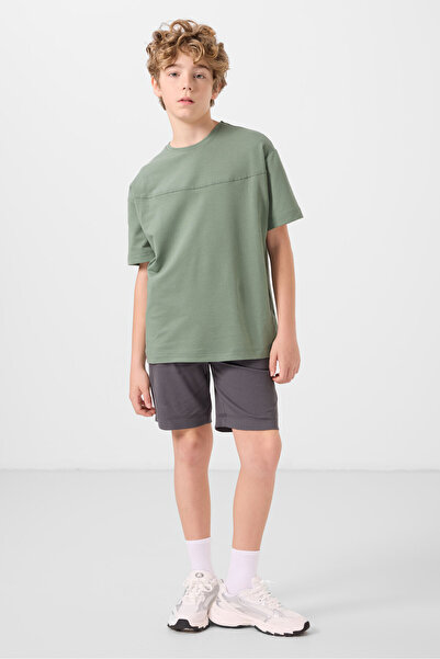 TOMMY LIFE Light Green-Anthracite Cotton Oversize Fit Woven Lightweight Flexible Chino Boy Shorts Suit - 11279