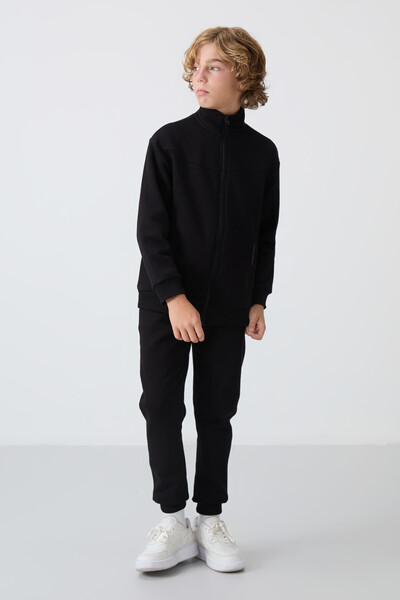 TOMMY LIFE Boy's Tracksuit Set - Black Cotton, Thick Fur Inside, Soft Textured Embroidery - 11240