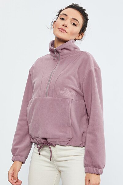 TOMMY LIFE Hanorac oversize din fleece pentru femei Dusty Rose, cu jumătate de fermoar, tiv adunat - 97171