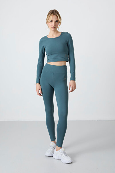 TOMMY LIFE Forest Green Slim Fit Crop Top and Leggings Set - High Waist, Long Sleeve - 95286