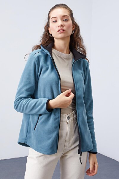 TOMMY LIFE Mint Green Stand Collar Zippered Comfortable Form Women's Fleece Sweatshirt - 97173