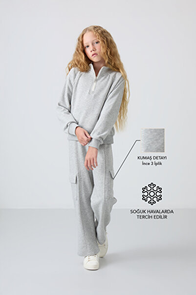 TOMMY LIFE Gri Melanj Pamuklu İçi Tüylü Yumuşak Dokulu Standart Fit Nakışlı K...