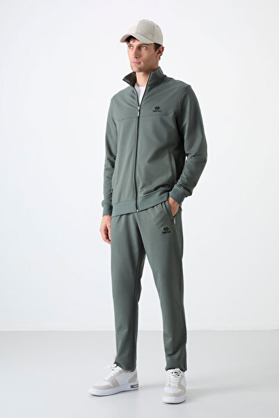 TOMMY LIFE Khaki Men's Tracksuit Set - Stand Collar, Zippered, Comfortable Form, Classic Leg - 85072