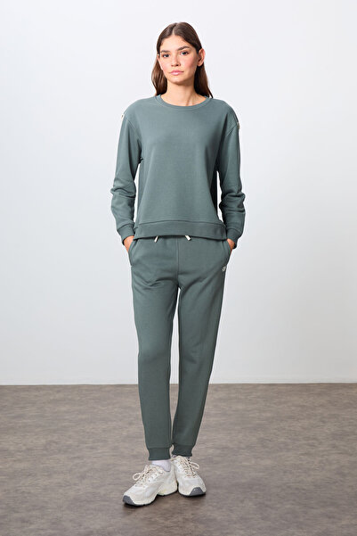 TOMMY LIFE Haki Kompakt Pamuklu Kalın Pürüzsüz Dokulu O Yaka Oversize Fit Kad...