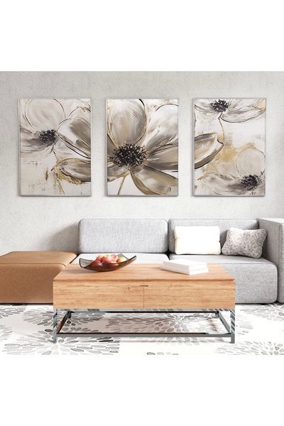 KOLAJTASARIM Kahverengi Çiçekler Desenli Üçlü Metal Çerçeveli Tablo Seti /S