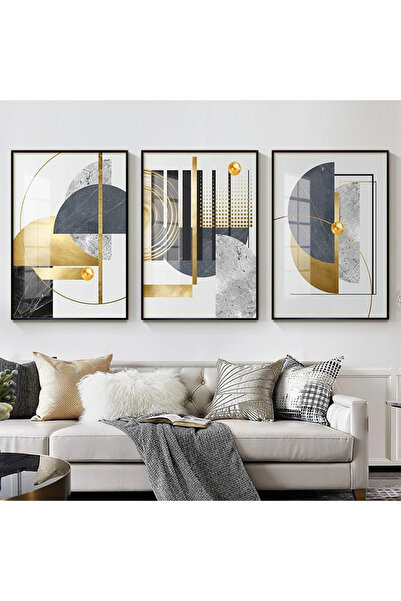 KOLAJTASARIM Geometrik Zarafet: Altın ve Siyahın Dansı Üçlü Metal Çerçeveli T...