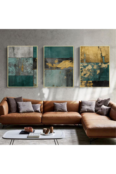 KOLAJTASARIM Altın Dokunuş: Turkuaz ve Gri Üçlü Metal Çerçeveli Tablo Takımı