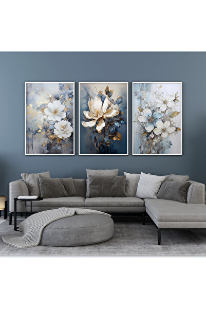 KOLAJTASARIM Sakin Mavi: Üçlü Metal Çerçeveli Tablo Takımı