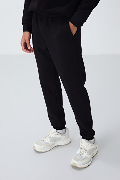 TOMMY LIFE Black Cotton Thick Furry Soft Textured Comfort Fit Embroidered Men's Tracksuit Set -85265