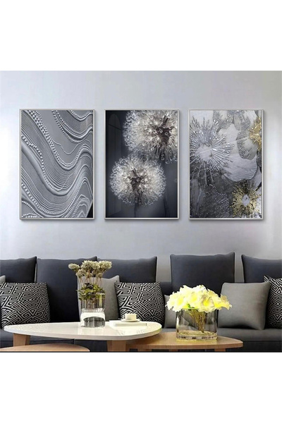 KOLAJTASARIM Gri Tonlarında Soyut Ritimler: Üçlü Metal Çerçeveli Tablo Seti