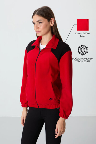 TOMMY LIFE Red Thick Soft Textured Stand Collar Oversize Embroidered Fleece W...