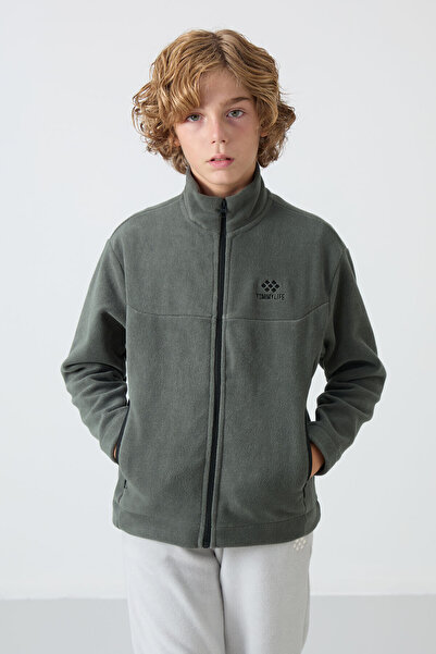 TOMMY LIFE Hanorac din fleece pentru băieți - kaki, brodat, textura moale gro...