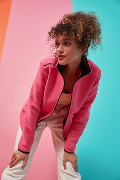TOMMY LIFE Fuchsia High Collar Zippered Comfortable Form Women's Fleece Sweatshirt - 97173
