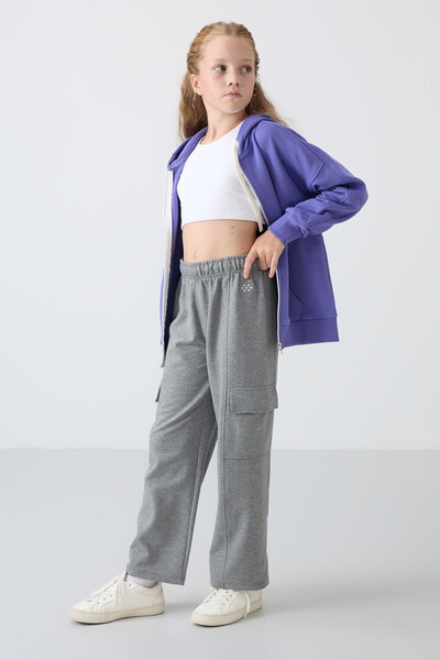 TOMMY LIFE Gri Melanj Kargo Cepli Ön Dikiş Detaylı Geniş Paça Kız Çocuk Eşofm...
